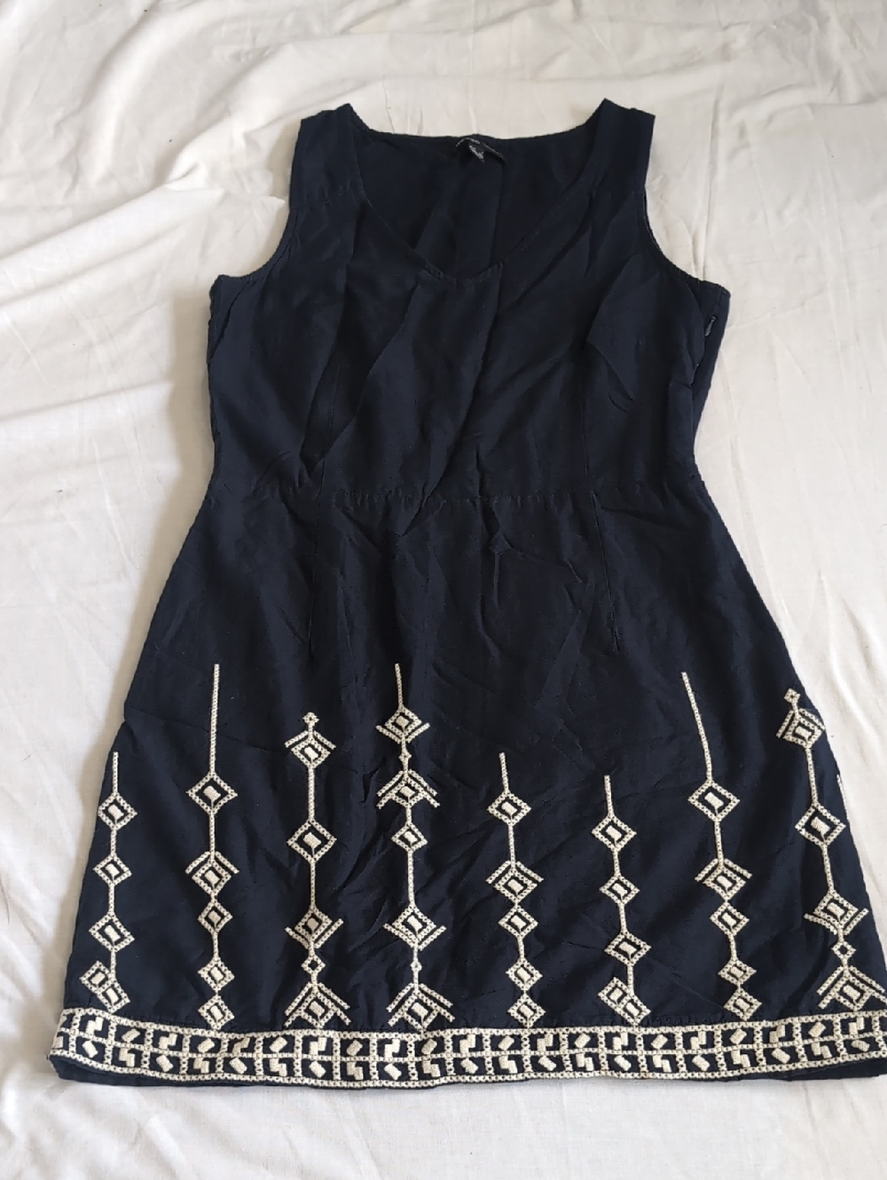 Mango Navy Sleeveless Mini Dress with Cream Geometric Trim